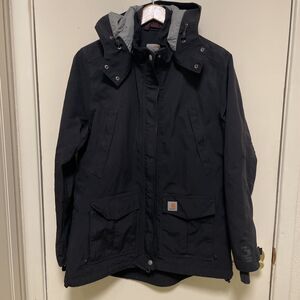 Carhartt Jacket Womens Large Black Storm Defender Lined Work Hood Coat Lady